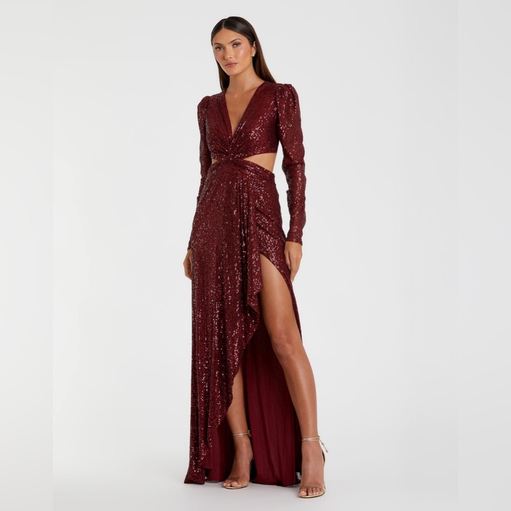 IEENA FOR MAC DUGGAL
Sequined Criss Cross Long Sleeve Gown in Wine 
Sz 2